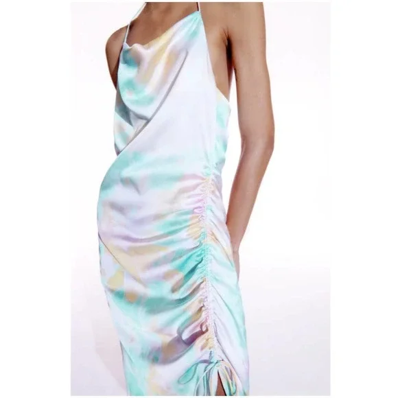 ZARA Satin Tie Dye Camisole Rainbow Side Cinch Strappy Midi Halter Cami Dress - Picture 1 of 15